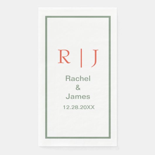 Salie Groene Oranje Monogram Naam Eenvoudige Trouw Servet (Voorkant)