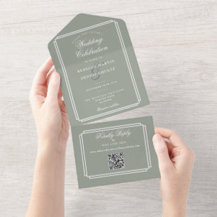 Salie Groene QR Code Art Deco Monogram Huwelijk All In One Uitnodiging