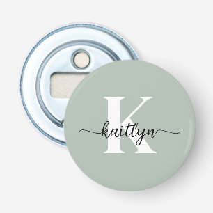Salie Groene Script Monogram Button Flesopener