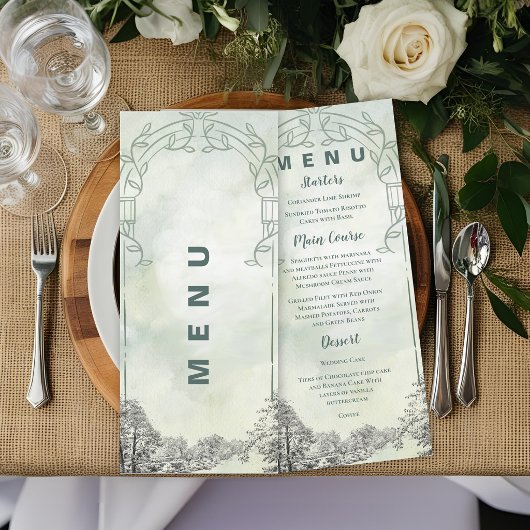 Salie Groene Tuinboog Botanische Trouwreceptie Menu