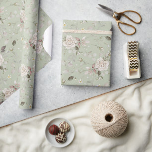 Salie Groene Vintage Roos Bloem Cadeaupapier