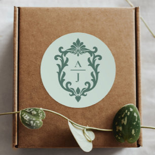 Salie Groene Vintage Sierlijke Wapen Huwelijk Ronde Sticker