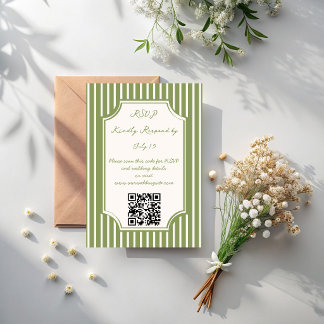 Salie groene vintage strepen trouw QR RSVP Kaartje