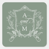 Salie Groene Vintage Wapen Huwelijk Vierkante Sticker (Voorkant)