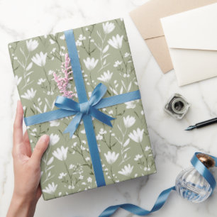 Salie Groene Witte Bloemige Bruiloft Feest Cadeaupapier
