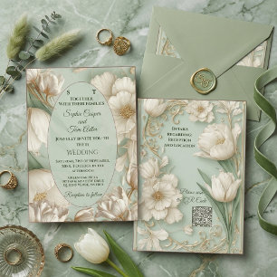 Salie Groene Witte Tulp Gouden Sierlijke Barok Bru Kaart