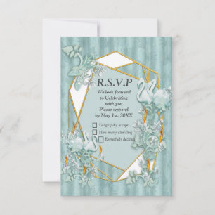 Salie Groene zijde & goud, witte flamingo, schitte RSVP Kaartje