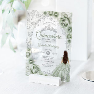 Salie Groene Zilveren Bloemige Quinceanera Acryl Uitnodigingen