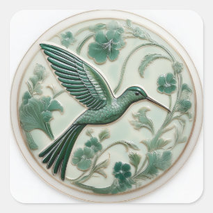 Salie & munt faux relief Art Nouveau Hummingbird R Vierkante Sticker