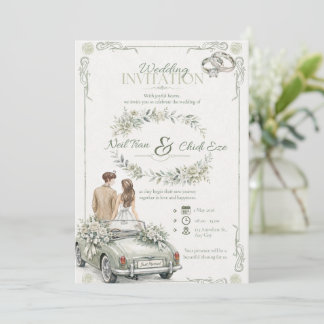 Salie Waterverf Vintage Auto Trouwuitnodiging Kaart