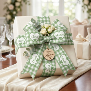 Saliegroene Gingham Harten Aangepaste Koppel Namen Lint