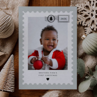 Saliegroene Postzegel Baby's 1e Kerstmis Feestdagenkaart