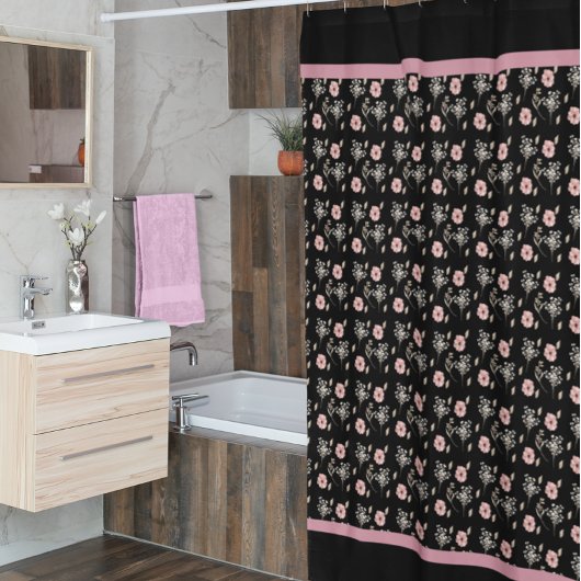 Salle de bain florale rose noir rideau de douche