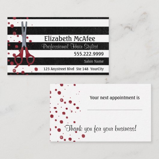 Salon B&W Stripes, Rode Stippen Afsprakenkaartje (Voorkant / Achterkant)