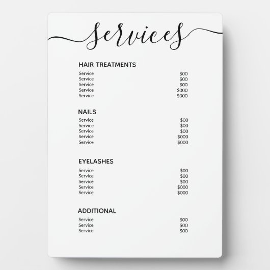 Salon blanc simple Tarifs Service Menu Plaque (Devant)
