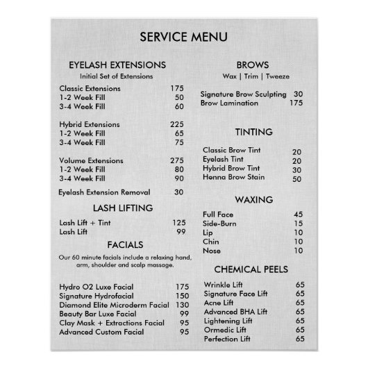 Salon de beauté gris simple Service Menu Poster (Devant)