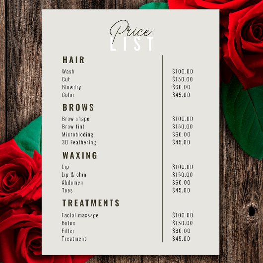 Salon de beauté Menu Services Liste des prix