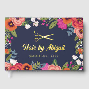 Salon de cheveux ciseaux or aux fleurs colorées