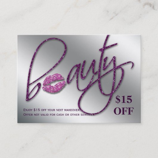 Salon Discount Card Beauty Lips Sparkle Paars Kortingskaartje (Voorkant)