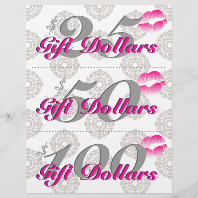Salon Flyer Spa Lips roze Damask Gift Certificates (Voorkant)