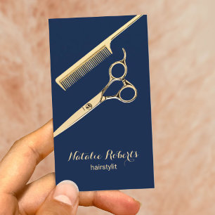 Salon Gold Scissor & Comb Navy Blue Hair Stylist Visitekaartje