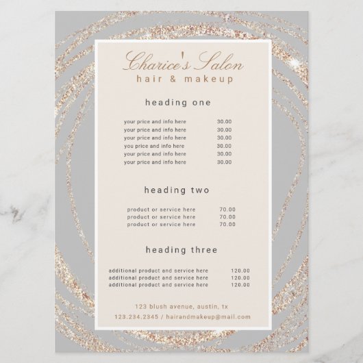 Salon Modern Faux Gold abstract Elegante Prijs Kaa Menu (Voorkant)