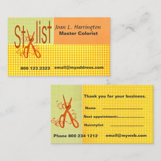 Salon On Time Gingham Pattern Hair Stylist Afsprakenkaartje (Voorkant / Achterkant)