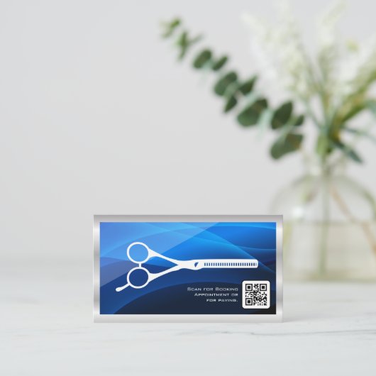 Salon Scissors | Blauwe golven lagen | QR-code Visitekaartje (Staand voorkant)