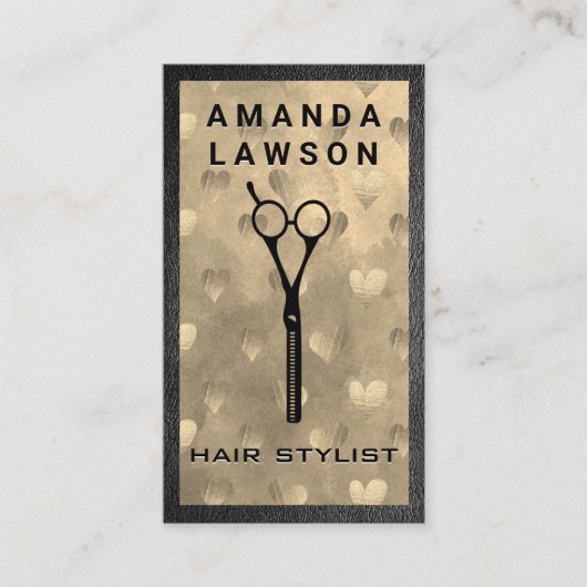 Salon Scissors | Gold Heart Pattern | Lederbekledi Visitekaartje (Voorkant)
