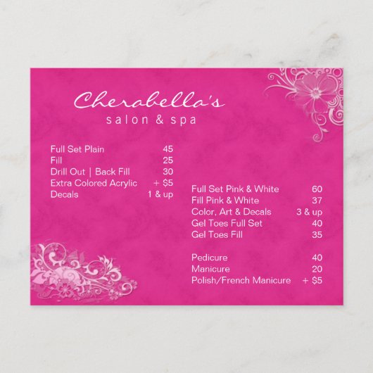 Salon Spa Floral carte postale Brochure rose (Devant)