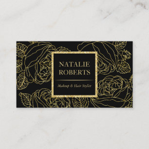 Salon & Spa Modern Black & Gold Floral Line Art Visitekaartje