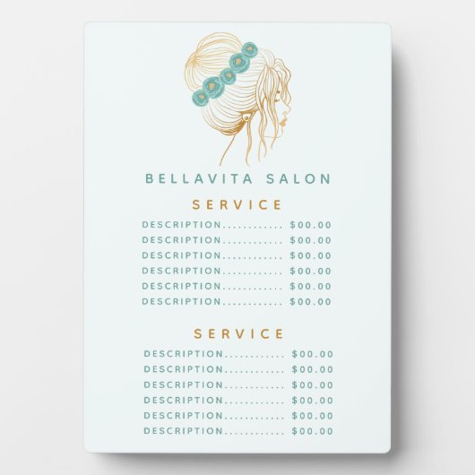 Salon Turquoise Gold Floral Updo Menu Prix Plaque (Devant)