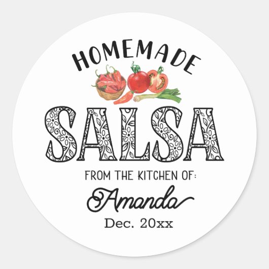 Salsa zelfgemaakt in de keuken van naam potdeksel ronde sticker (Voorkant)