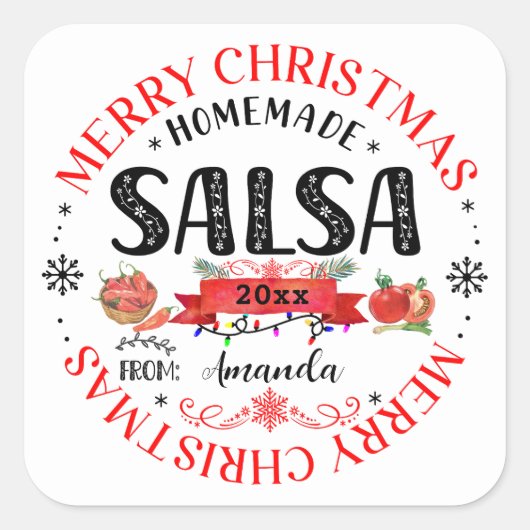 Salsa Zelfgemaakt Prettig Kerstfeest Naam Potdekse Vierkante Sticker (Voorkant)