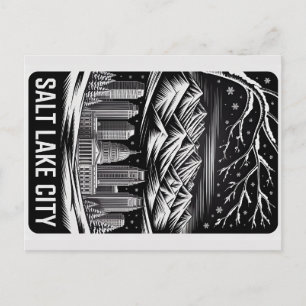 Salt Lake City Silhouette Zwart en Wit Houtsnede Briefkaart