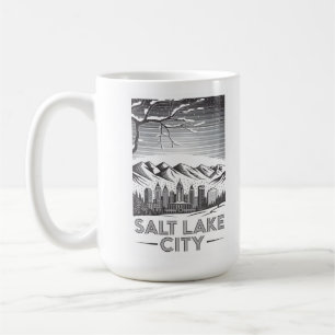Salt Lake City Silhouette Zwart en Wit Houtsnede  Koffiemok