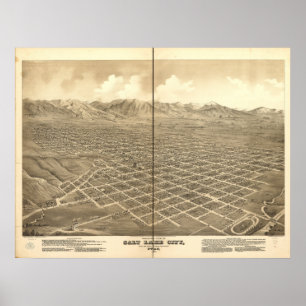 Salt Lake City Utah 1875 Antiek Panoramische Kaart Poster