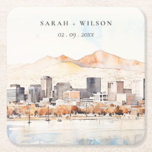 Salt Lake City, Utah Aquarel Landschap Bruiloft Vierkante Kartonnen Onderzetter