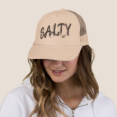 "Salty AF" logo Sandy Beach Trucker Pet (In situ)