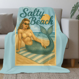Salty Beach Retro Pin-Up Mermaid Art Funny Coastal Fleece Deken