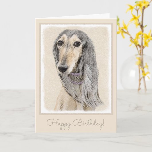 Saluki die (Fawn) - het Leuke Originele Art. van Kaart (Gele Bloem)