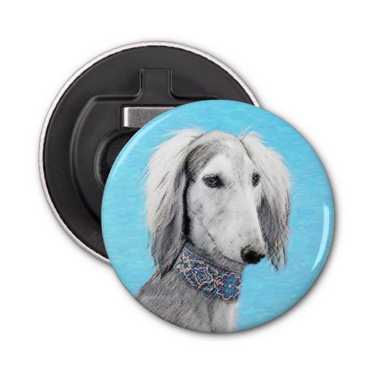 Saluki (zilver) schilderen - Kute Original Dog Art Button Flesopener (Voorkant)