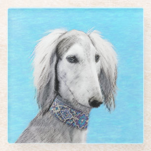 Saluki (zilver) schilderen - Kute Original Dog Art Glazen Onderzetter