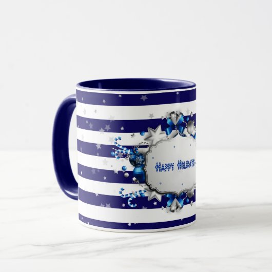 Salutation de Noël Mug rayé bleu (Devant gauche)