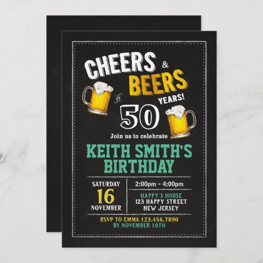 Salutations et bières Invitation 50e anniversaire (Devant / Derrière)