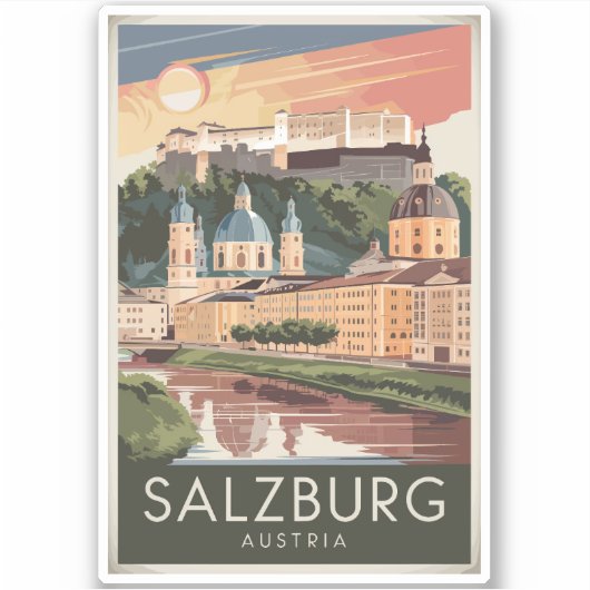 Salzburg Oostenrijk Illustratie Reizen Art Vintage Sticker (Voorkant)