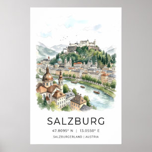 Salzburg Stadsgezicht Print - Watercolor Silhouett