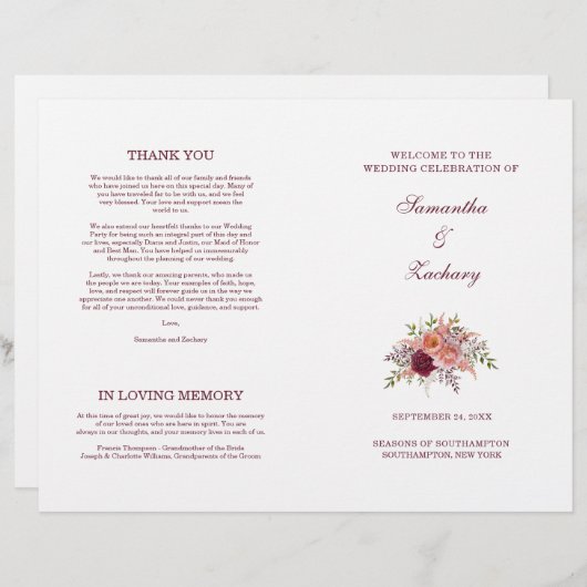 Samantha Elegant Burgundy Folded Wedding Program (Voorkant / Achterkant)