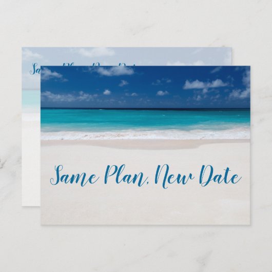 Same Plan Nieuwe Datum Strand Thema Save The Date Aankondigingskaart (Voorkant / Achterkant)