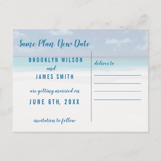 Same Plan Nieuwe Datum Strand Thema Save The Date Aankondigingskaart (Achterkant)